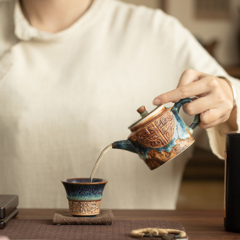 Ceainic Tianmu Jianzhan, lucrat manual în cuptor, cu recipient din cupru în formă de monedă, set ceramic pentru ceai și set Kung Fu – cutie cadou