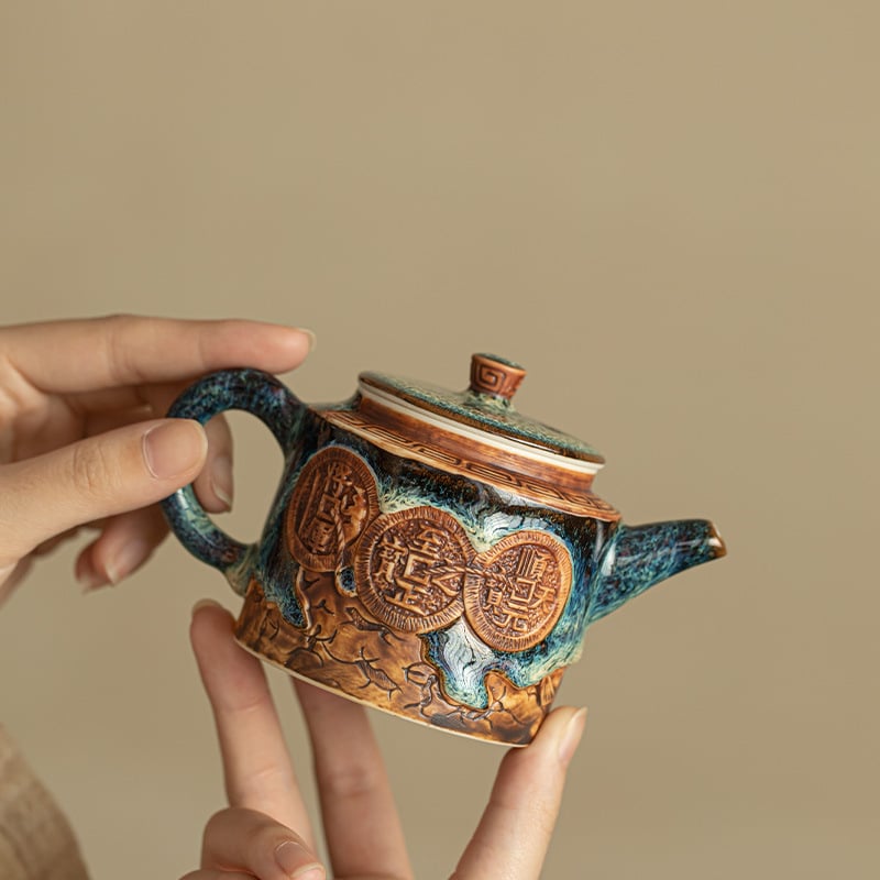 Ceainic Tianmu Jianzhan, lucrat manual în cuptor, cu recipient din cupru în formă de monedă, set ceramic pentru ceai și set Kung Fu – cutie cadou