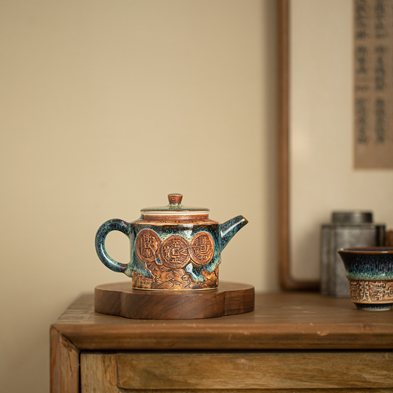 Ceainic Tianmu Jianzhan, lucrat manual în cuptor, cu recipient din cupru în formă de monedă, set ceramic pentru ceai și set Kung Fu – cutie cadou
