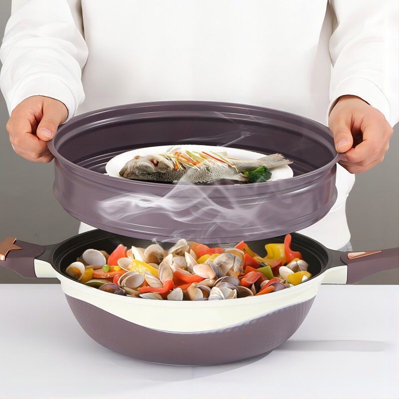 Wok din titan, antiaderent, cu micro-presiune, gătire cu fum redus, cu aburi integrat, wok multifuncțional, capacitate mare pentru uz casnic