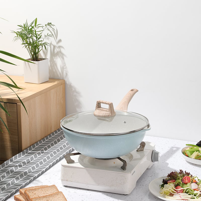 Wok cu piatră Maifan pentru uz casnic, mare, antiaderent, compatibil cu plitele cu inducție și gaz, aliaj de aluminiu