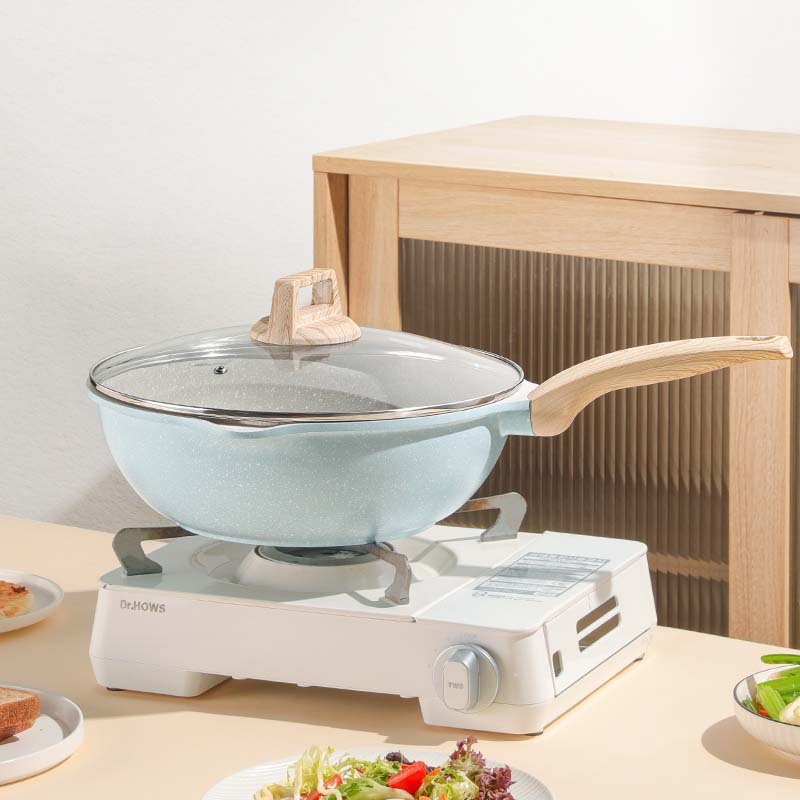 Wok cu piatră Maifan pentru uz casnic, mare, antiaderent, compatibil cu plitele cu inducție și gaz, aliaj de aluminiu