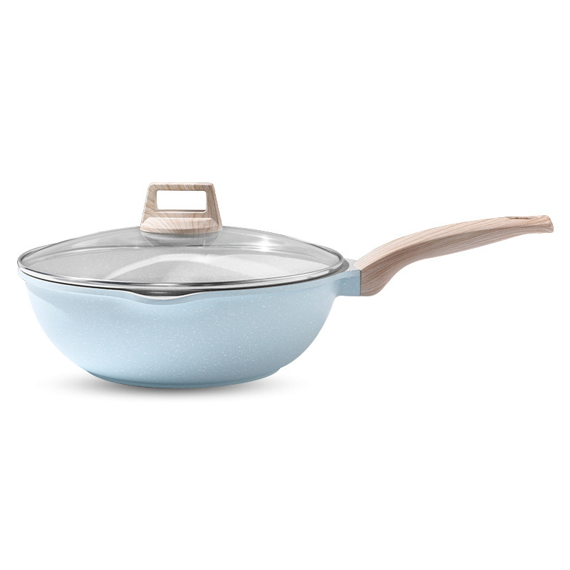 Wok cu piatră Maifan pentru uz casnic, mare, antiaderent, compatibil cu plitele cu inducție și gaz, aliaj de aluminiu