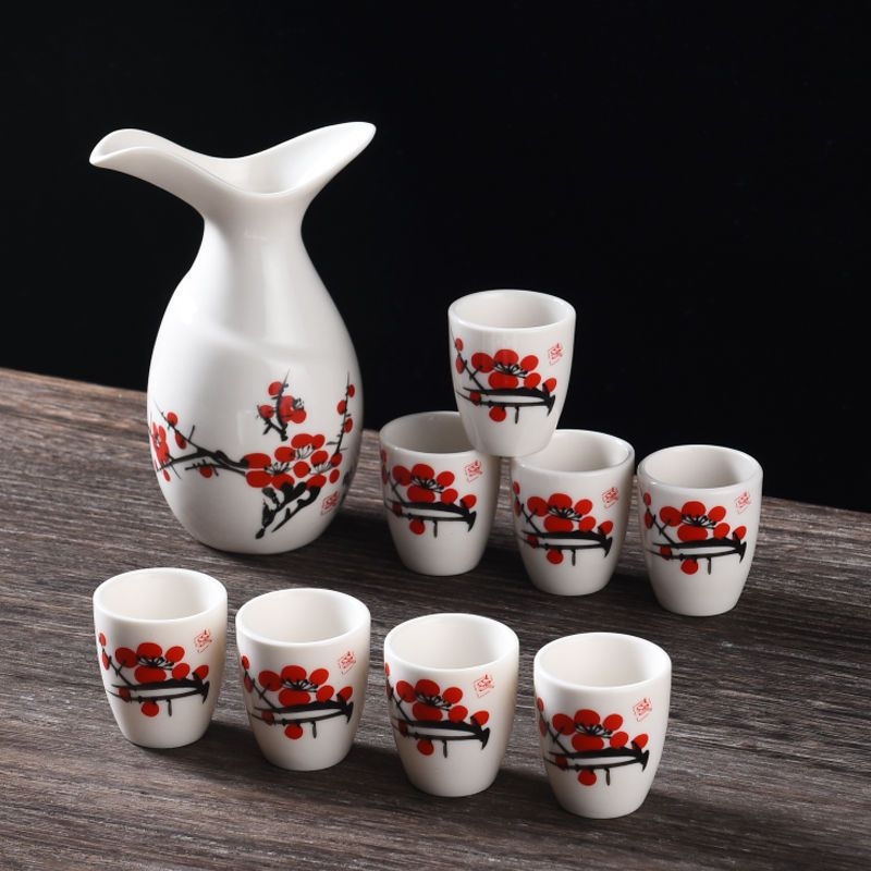 Set ceramic de vin în stil antic, cu un pahar mic și un distribuitor, finisaj alb, design de inspirație chineză pentru uz casnic, cadou pentru inaugurarea afacerii