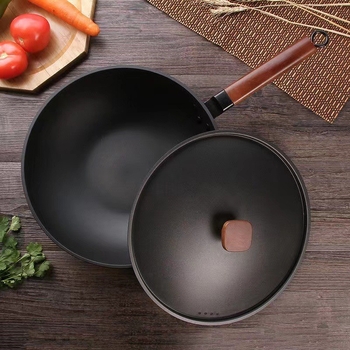 Wok din fier forjat, stil chinezesc, fără strat, wok pentru uz casnic, compatibil cu plitele cu inducție, capac din sticlă