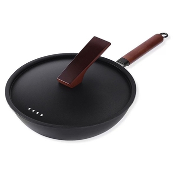 Wok din fier forjat, stil chinezesc, fără strat, wok pentru uz casnic, compatibil cu plitele cu inducție, capac din sticlă