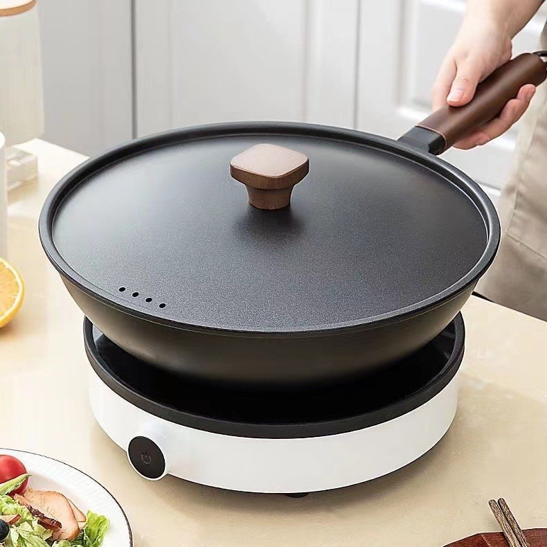 Wok din fier forjat, stil chinezesc, fără strat, wok pentru uz casnic, compatibil cu plitele cu inducție, capac din sticlă