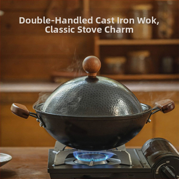 Planet wok cu două mânere, wok mic din fier fără strat pentru aragaz cu gaz, design clasic