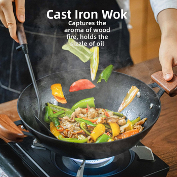 Planet wok cu două mânere, wok mic din fier fără strat pentru aragaz cu gaz, design clasic