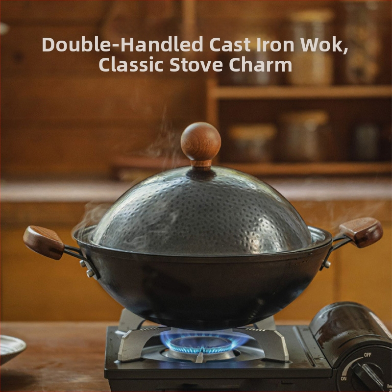 Planet wok cu două mânere, wok mic din fier fără strat pentru aragaz cu gaz, design clasic