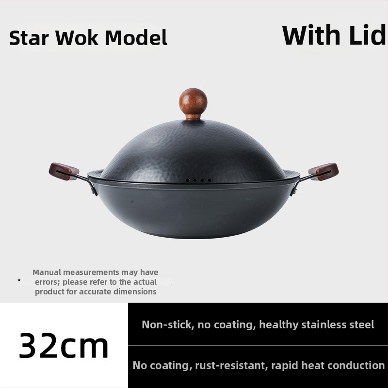 Planet wok cu două mânere, wok mic din fier fără strat pentru aragaz cu gaz, design clasic