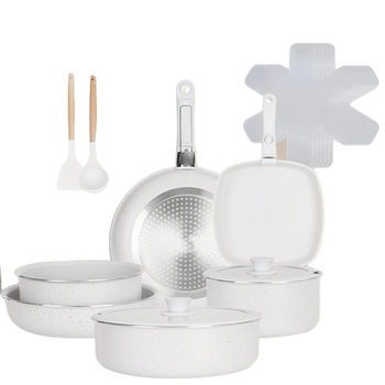 Set de vase de bucătărie cu mâner din lemn de culoare alb lăptos, vase antiaderente, oale și tigăi cu capace de sticlă