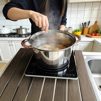 Set din oțel inoxidabil, șase piese, bază cu cinci straturi – oală de supă și alte vase, capac din sticlă, 201 oțel inoxidabil