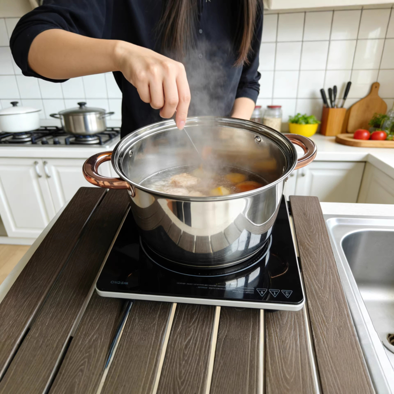 Set din oțel inoxidabil, șase piese, bază cu cinci straturi – oală de supă și alte vase, capac din sticlă, 201 oțel inoxidabil