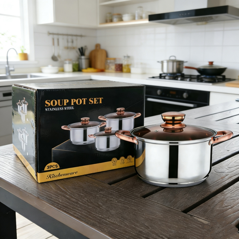 Set din oțel inoxidabil, șase piese, bază cu cinci straturi – oală de supă și alte vase, capac din sticlă, 201 oțel inoxidabil
