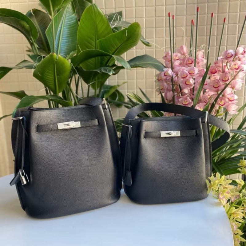 Kelly bucket torba od prvog sloja teleće kože sa širokom naramenicom, crossbody torba s kopčom, tote veličine, retro stil Zapada i Amerike
