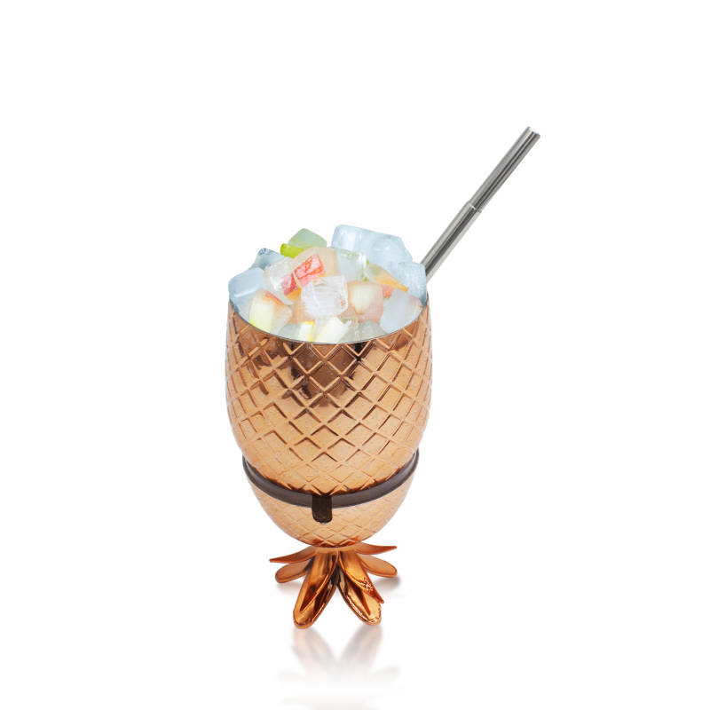 Pahar plastic pentru cocktail, 450 ml, cu pai – motiv cu ananas, fructe, căpșune și lămâie