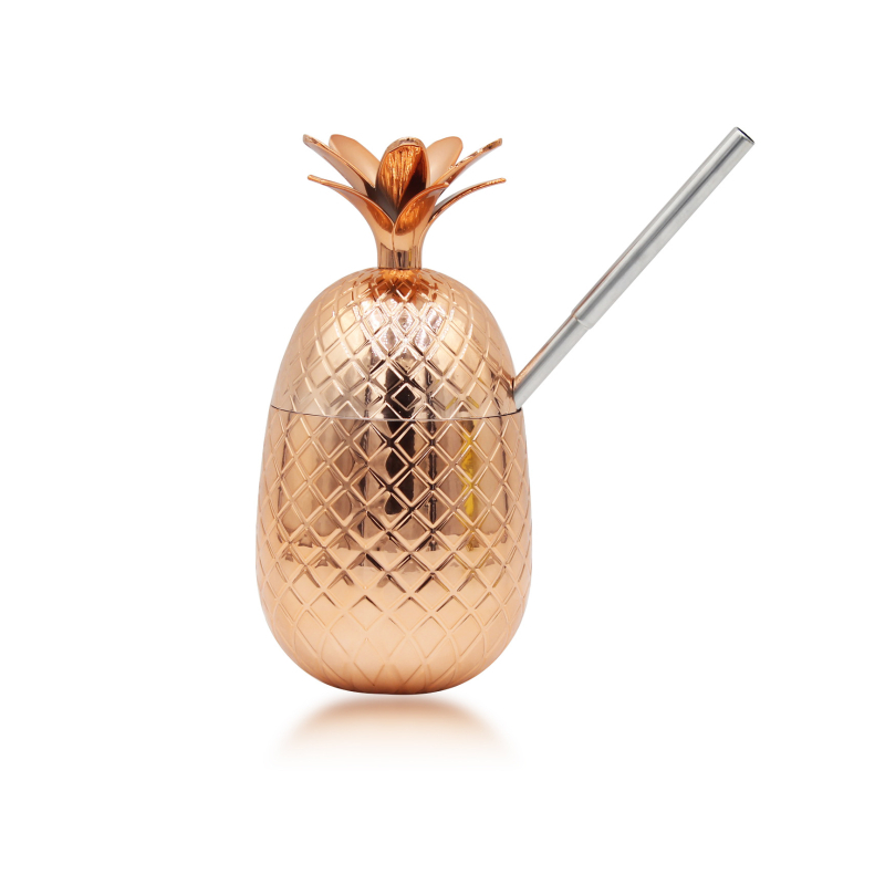 Pahar plastic pentru cocktail, 450 ml, cu pai – motiv cu ananas, fructe, căpșune și lămâie