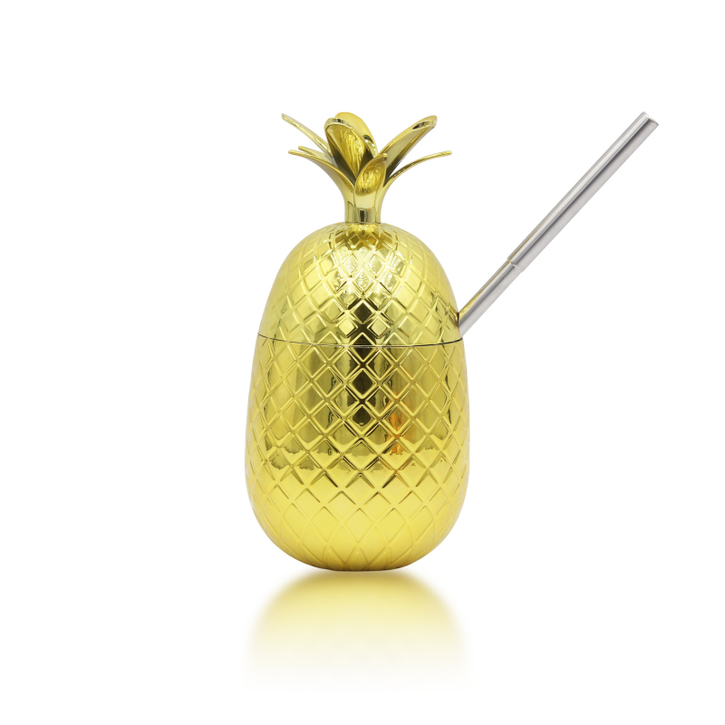 Pahar plastic pentru cocktail, 450 ml, cu pai – motiv cu ananas, fructe, căpșune și lămâie