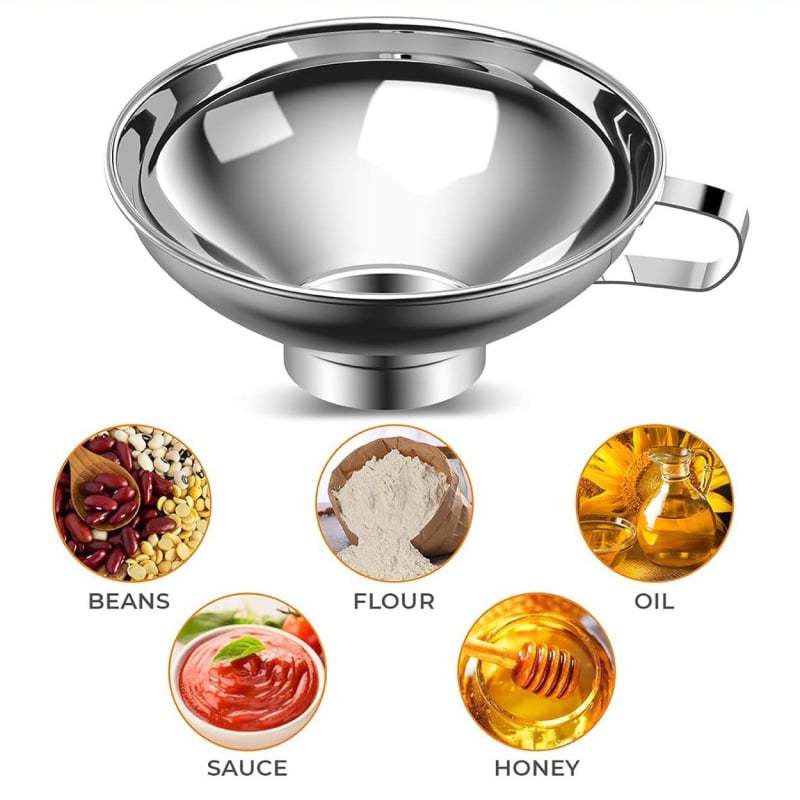 Pâlnie din oțel inoxidabil, de calitate alimentară, cu gură largă, filtru pentru ulei și sos, pentru bucătărie, construcție întărită, etanș la scurgeri, diametru mare, potrivit pentru piure de fructe și salate.