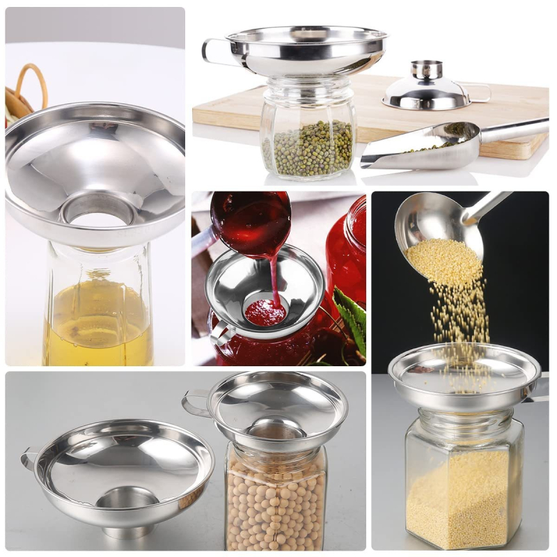 Pâlnie din oțel inoxidabil, de calitate alimentară, cu gură largă, filtru pentru ulei și sos, pentru bucătărie, construcție întărită, etanș la scurgeri, diametru mare, potrivit pentru piure de fructe și salate.
