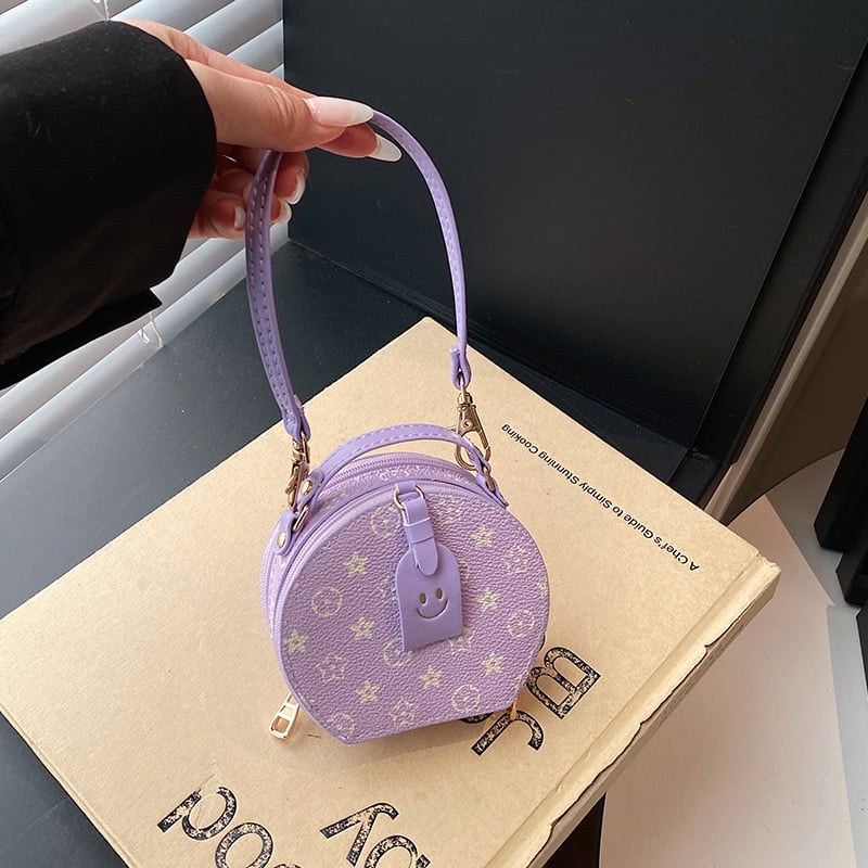Mini okrugla torbica za ruževe s ručkom i preko ramena, monogramski uzorak, PU koža, mala svakodnevna torbica