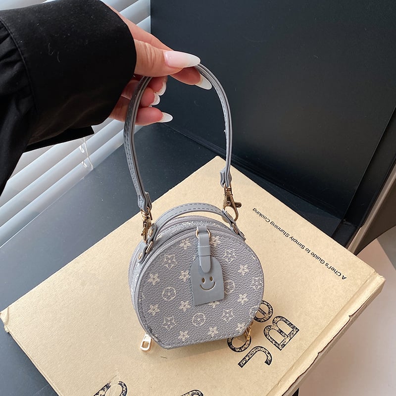 Mini okrugla torbica za ruževe s ručkom i preko ramena, monogramski uzorak, PU koža, mala svakodnevna torbica