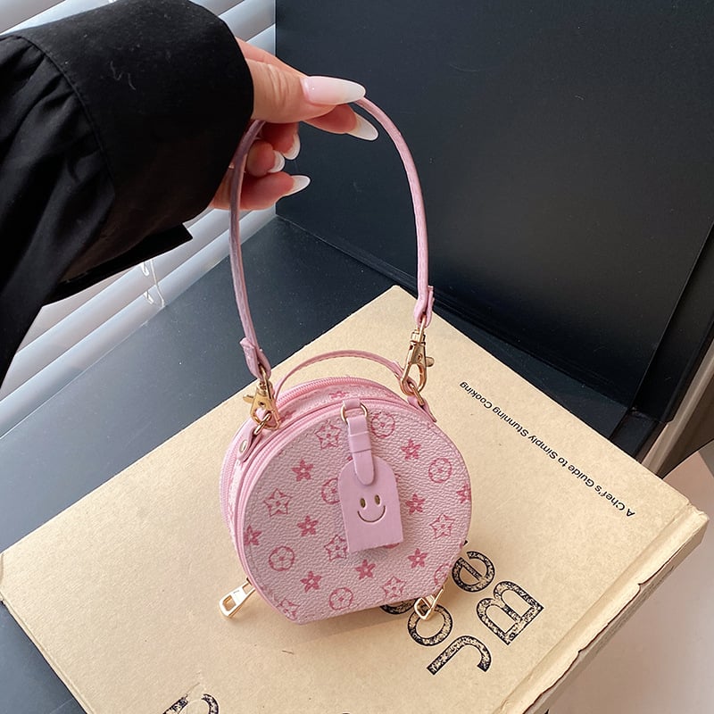 Mini okrugla torbica za ruževe s ručkom i preko ramena, monogramski uzorak, PU koža, mala svakodnevna torbica