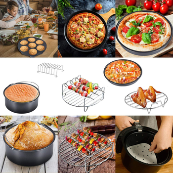 Accesorii pentru friteza cu aer, set de 7 piese: grătar pentru coacere, coș pentru prăjituri, suport pentru pâine, pentru 3.5–5.8 litri