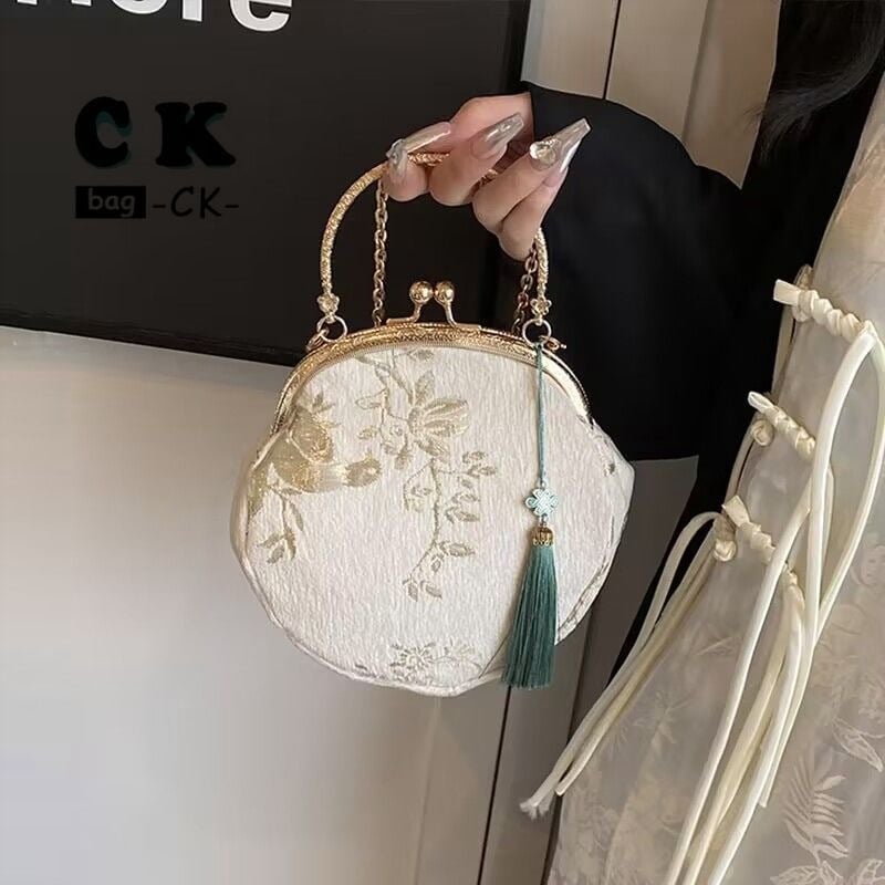Ženska Hanfu torba u novom kineskom stilu, kompaktna crossbody torba s lancem i strapcima, okruglog oblika