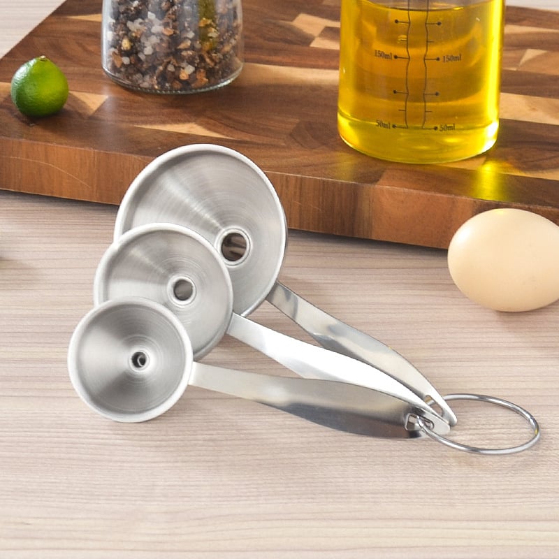 Set de trei pâlnii din oțel inoxidabil rezistent la coroziune, de calitate alimentară, pentru bucătărie, cu pâlnie lungă pentru ulei și vin, plus pâlnie mini cu mâner