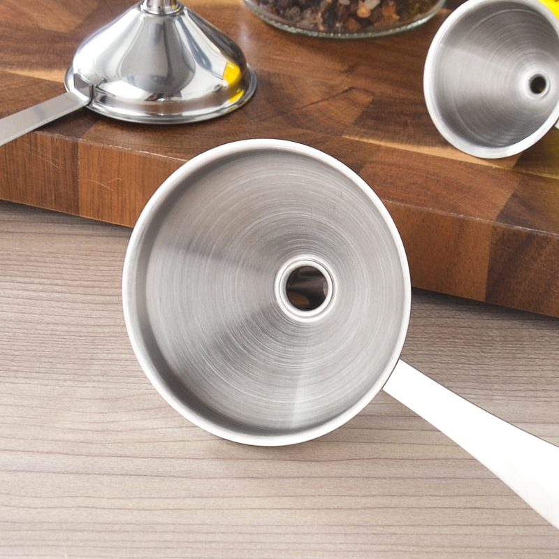 Set de trei pâlnii din oțel inoxidabil rezistent la coroziune, de calitate alimentară, pentru bucătărie, cu pâlnie lungă pentru ulei și vin, plus pâlnie mini cu mâner