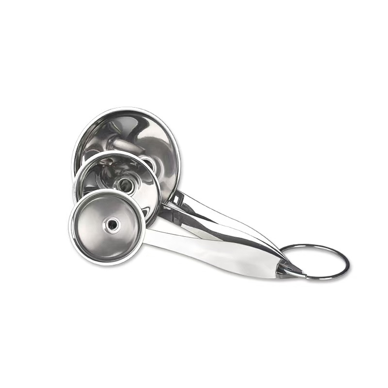 Set de trei pâlnii din oțel inoxidabil rezistent la coroziune, de calitate alimentară, pentru bucătărie, cu pâlnie lungă pentru ulei și vin, plus pâlnie mini cu mâner