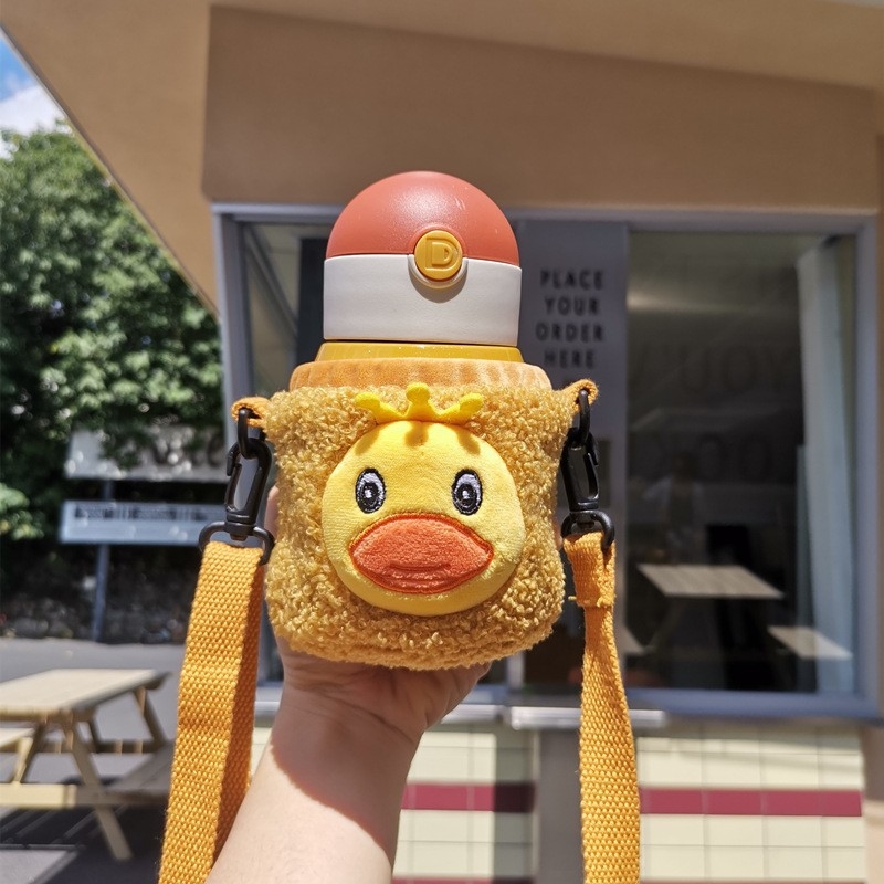 Cană termică pentru copii cu capac dublu, design desen animat drăguț, cu pai și curea, pentru băut direct, din oțel inoxidabil 316