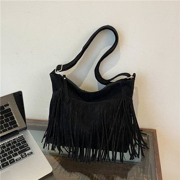 Ženska torbica s resicama od semiša, smeđa mat boho crossbody torba, 2024