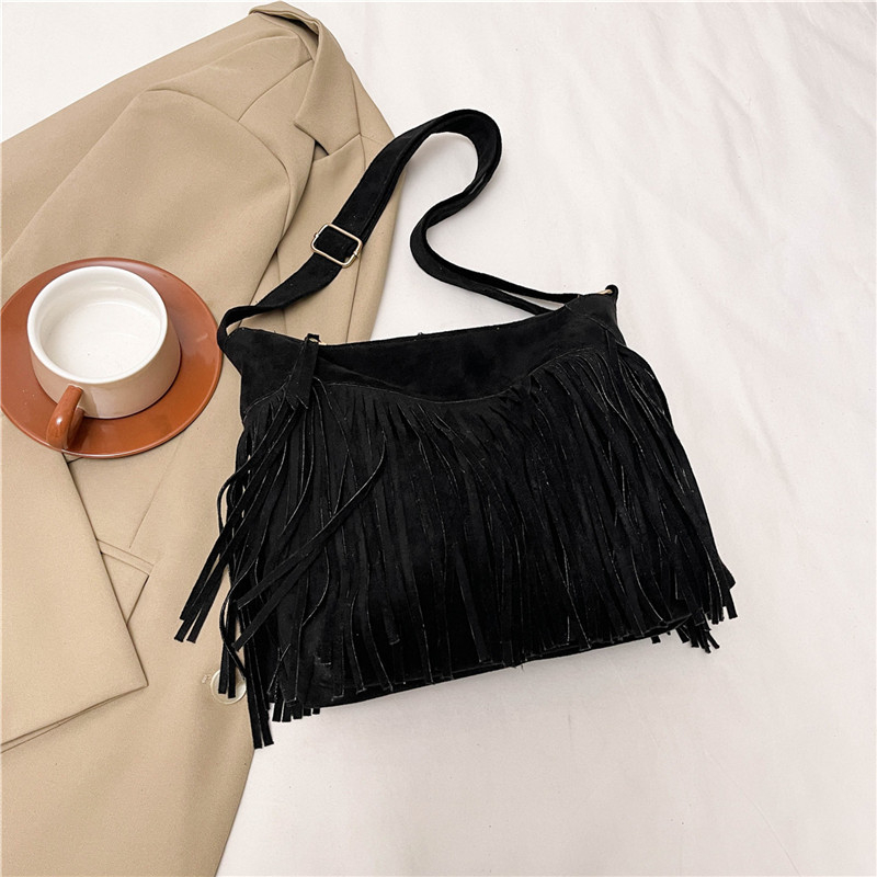 Ženska torbica s resicama od semiša, smeđa mat boho crossbody torba, 2024