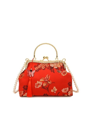 Ženska mala kvadratna torbica s floralnim uzorkom u nacionalnom stilu, s pomponom i zatvaranjem klipsom, vintage inspiracija