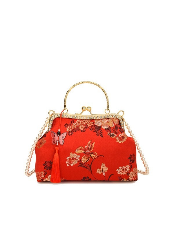 Ženska mala kvadratna torbica s floralnim uzorkom u nacionalnom stilu, s pomponom i zatvaranjem klipsom, vintage inspiracija