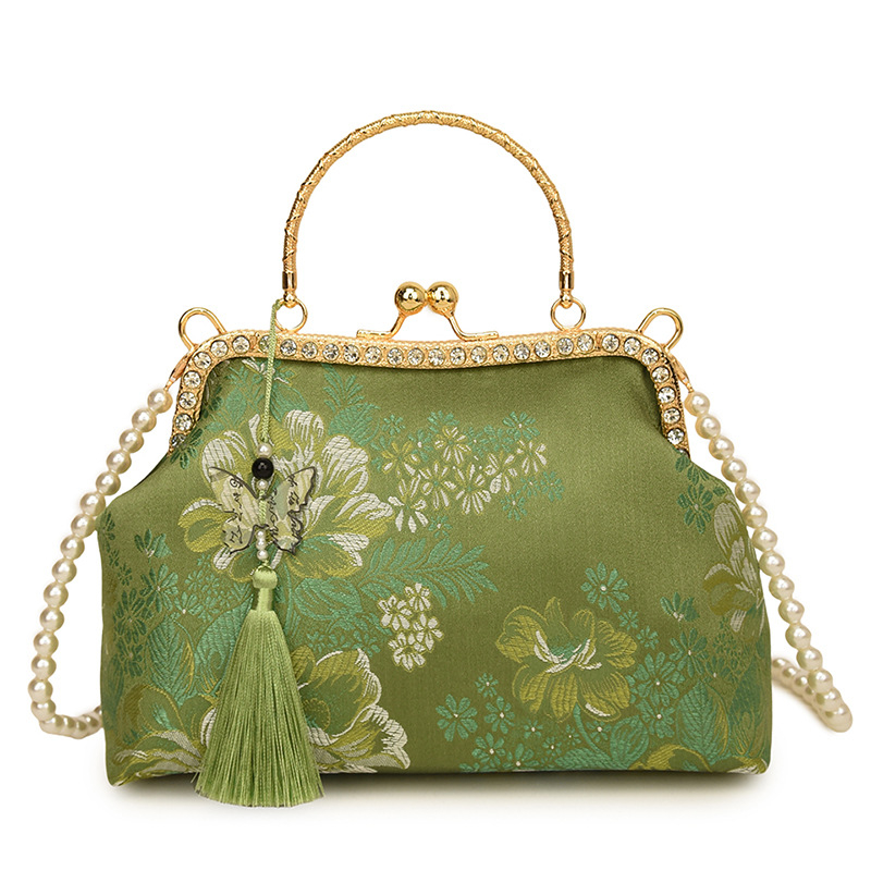 Ženska mala kvadratna torbica s floralnim uzorkom u nacionalnom stilu, s pomponom i zatvaranjem klipsom, vintage inspiracija