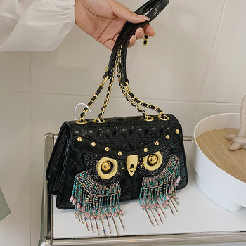 Ženska crossbody torba s rombom uzorkom, mala kvadratna veličina, s resicama i motivom sovi