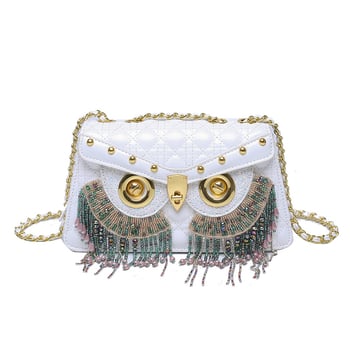 Ženska crossbody torba s rombom uzorkom, mala kvadratna veličina, s resicama i motivom sovi