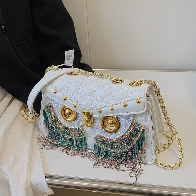 Ženska crossbody torba s rombom uzorkom, mala kvadratna veličina, s resicama i motivom sovi