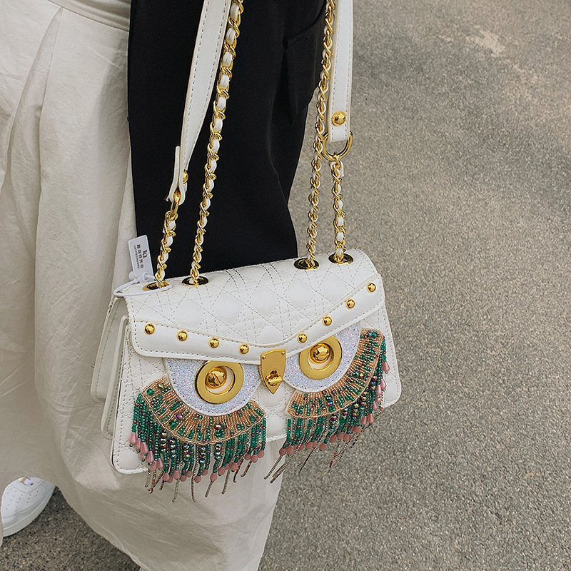 Ženska crossbody torba s rombom uzorkom, mala kvadratna veličina, s resicama i motivom sovi