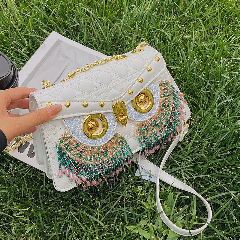 Ženska crossbody torba s rombom uzorkom, mala kvadratna veličina, s resicama i motivom sovi