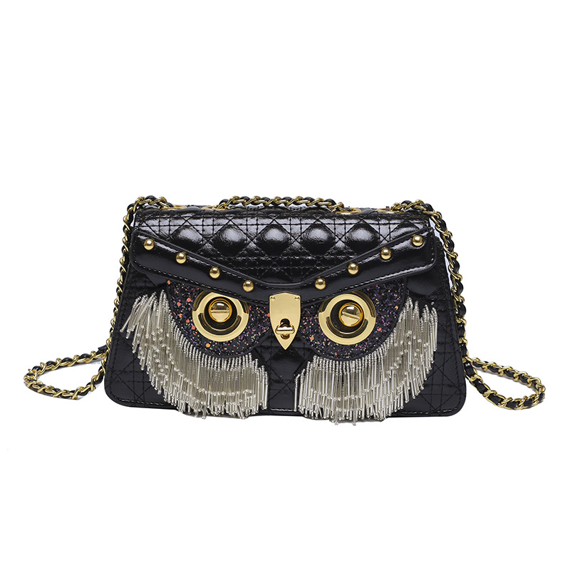 Ženska crossbody torba s rombom uzorkom, mala kvadratna veličina, s resicama i motivom sovi