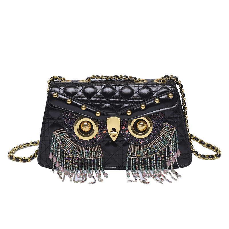 Ženska crossbody torba s rombom uzorkom, mala kvadratna veličina, s resicama i motivom sovi