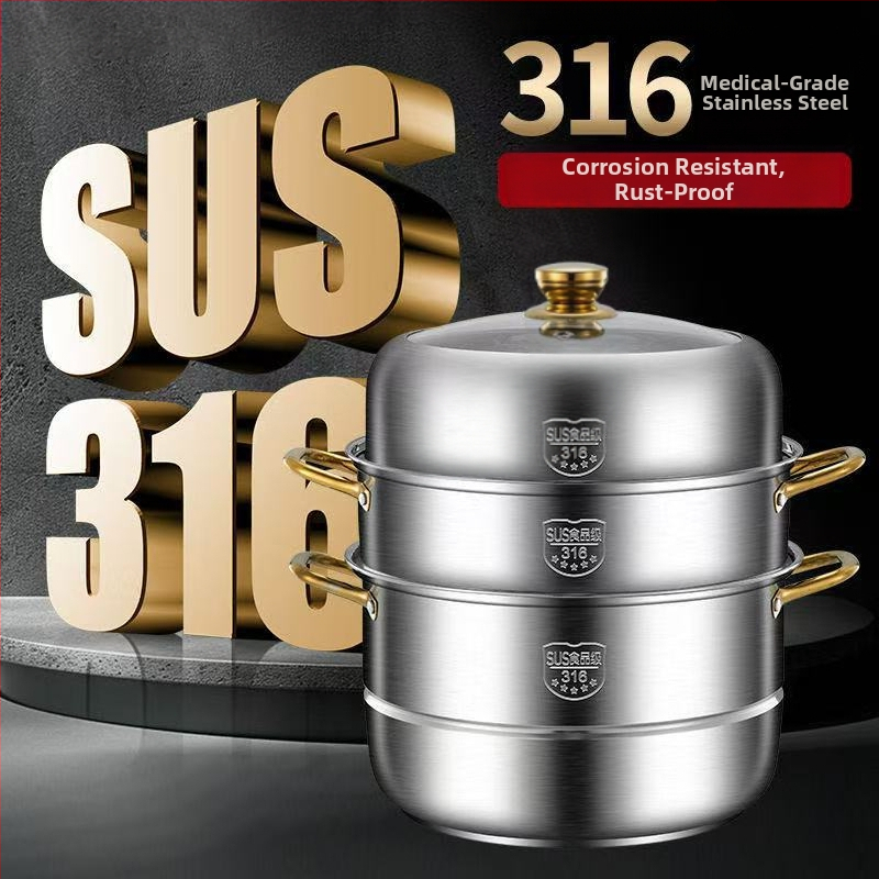 Fengshi oală de aburi din oțel inoxidabil 316, extra gros, pentru uz casnic, cu 2-4 niveluri, compatibilă cu plita cu inducție și gaz