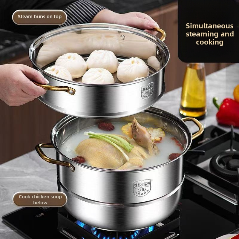 Fengshi oală de aburi din oțel inoxidabil 316, extra gros, pentru uz casnic, cu 2-4 niveluri, compatibilă cu plita cu inducție și gaz