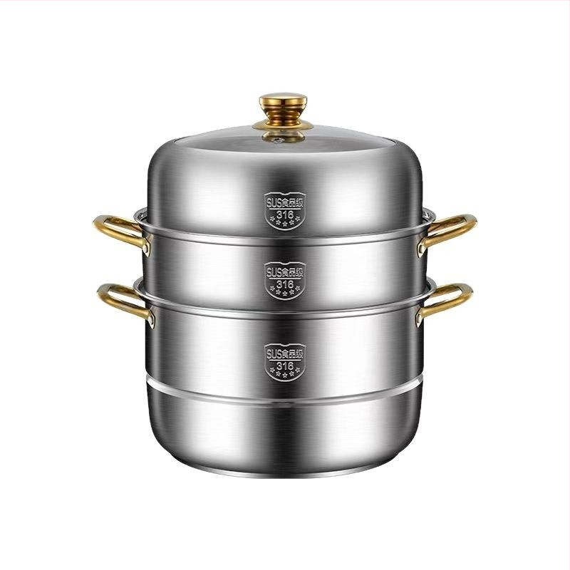 Fengshi oală de aburi din oțel inoxidabil 316, extra gros, pentru uz casnic, cu 2-4 niveluri, compatibilă cu plita cu inducție și gaz