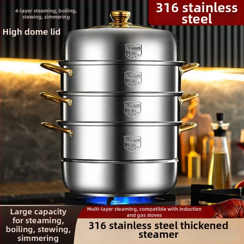 Fengshi oală de aburi din oțel inoxidabil 316, extra gros, pentru uz casnic, cu 2-4 niveluri, compatibilă cu plita cu inducție și gaz